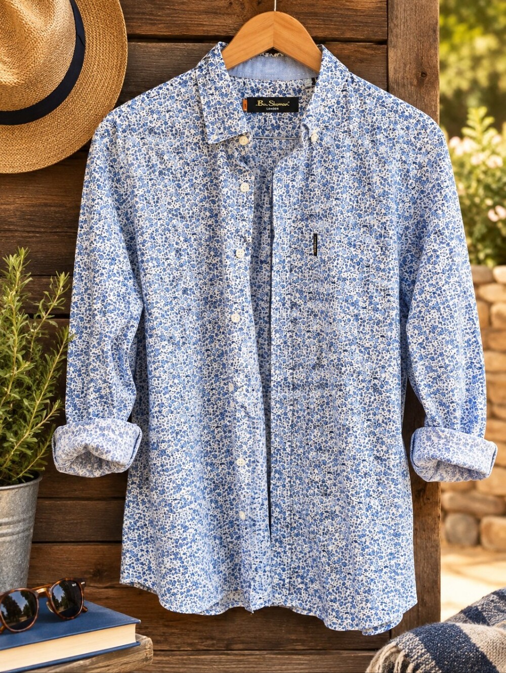 Ben Sherman Blue Floral Ditsy Print Long Sleeve Button Down Shirt Men's XL